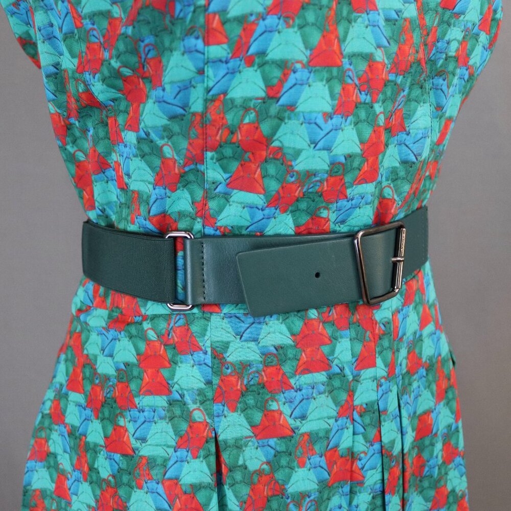 Akris Size 85 Green Leather and Elastic Belt with Trapezoid Buckle Sporty-Belt - Picture 10 of 15